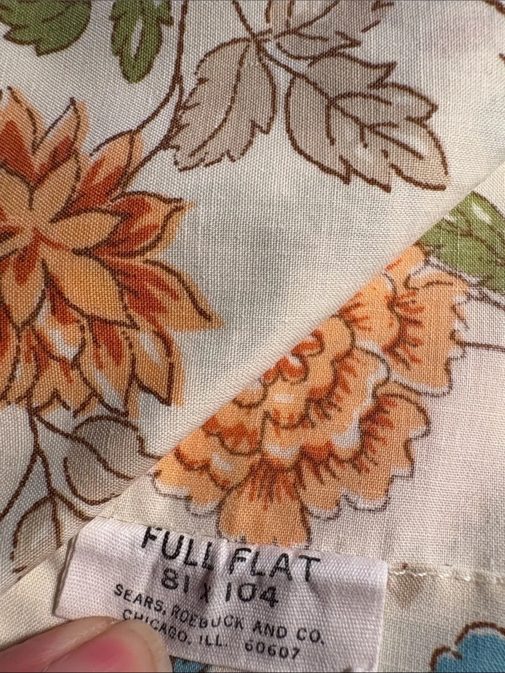 Vintage Full Flat sheet Floral Cotton Panel in Blue, Yellow, Orange, Green RR